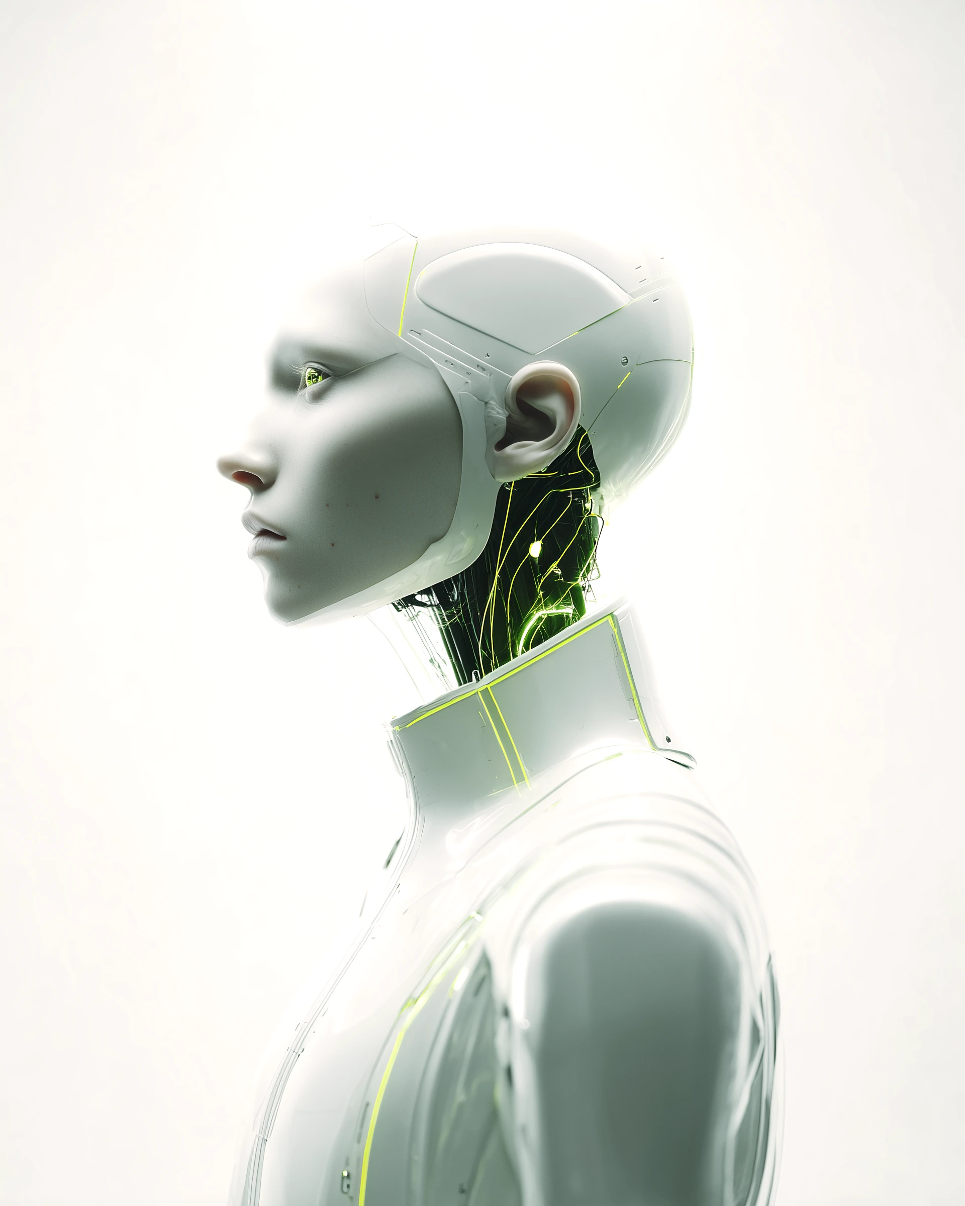 Portrait of a pearl-white AI employee in profile