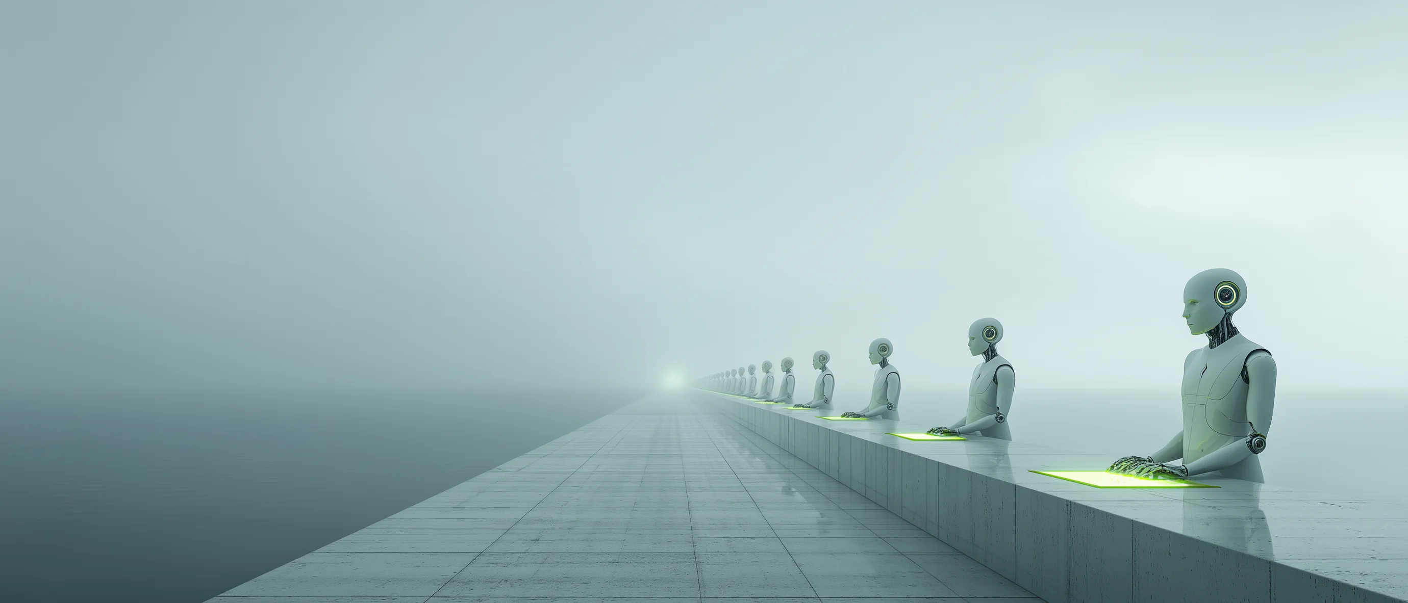 A long white desk running to the horizon, with AI employees working along its whole length